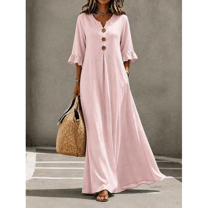 שמלת מקסי לנשים עם צווארון V ושרוולי רופל