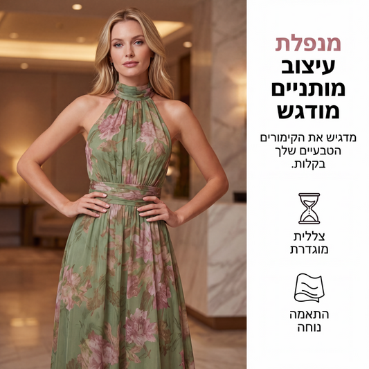 שמלת מקסי אלגנטית עם הדפס פרחים וצווארון הלטר