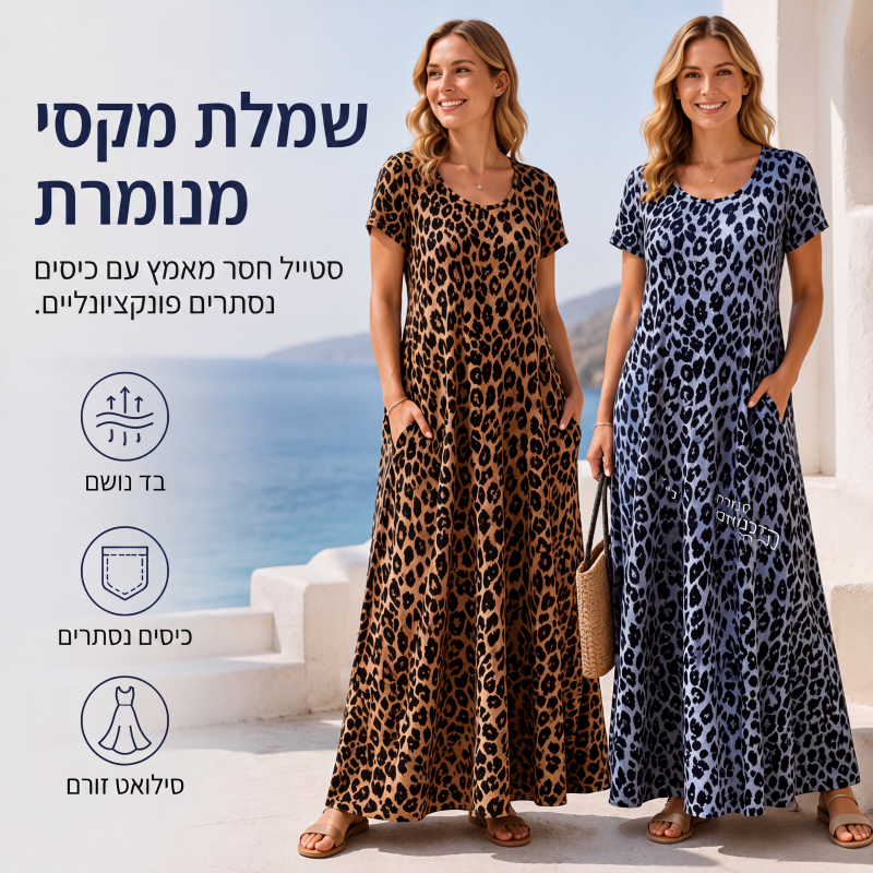 שמלת מקסי נשים עם דגש נמר עם כיסים, שמלה ארוכה קז'ואלית עם שרוולים קצרים