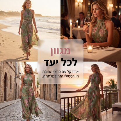 שמלת מקסי אלגנטית עם הדפס פרחים וצווארון הלטר