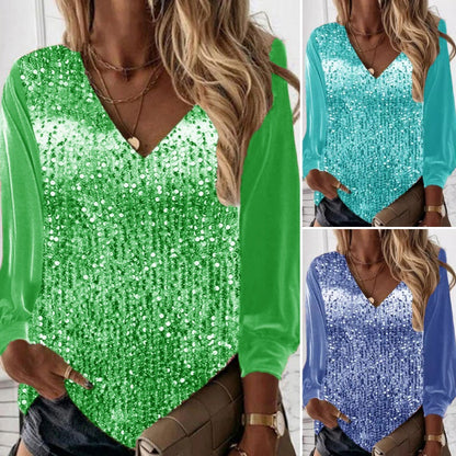 חולצת נשים עם צווארון V, רופפת, מנוצצת, עם שרוולים ארוכים