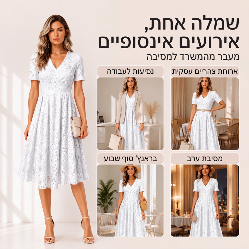 שמלת תחרה אלגנטית לנשים עם צווארון V