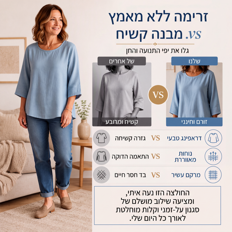 חולצת קז'ואל לנשים עם צווארון עגול ושרוולים 3/4