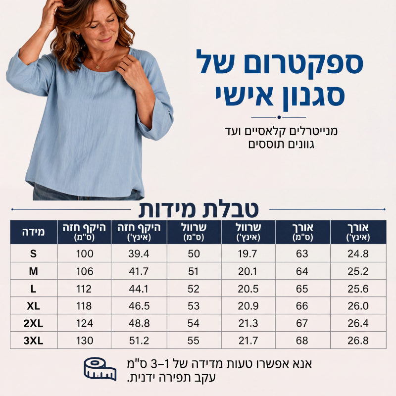 חולצת קז'ואל לנשים עם צווארון עגול ושרוולים 3/4