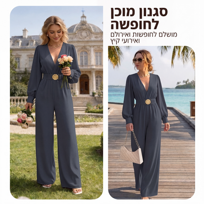 אוברול אלגנטי עם צווארון V, רגליים רחבות וחגורה