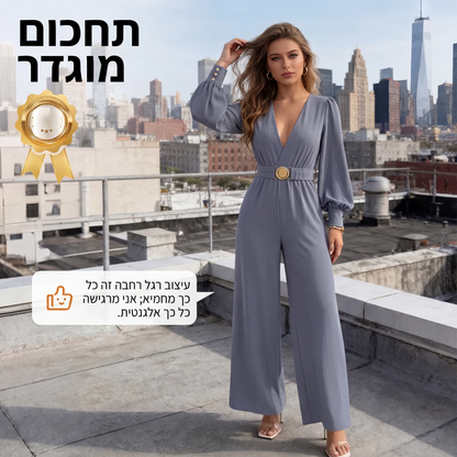 אוברול אלגנטי עם צווארון V, רגליים רחבות וחגורה