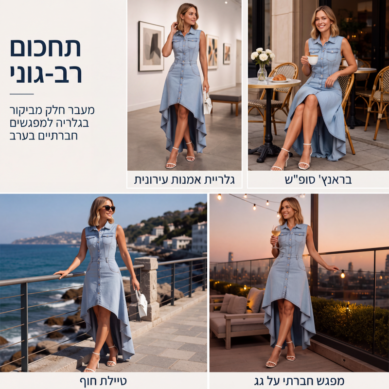 שמלת ג'ינס ללא שרוולים לנשים עם שוליים א-סימטריים