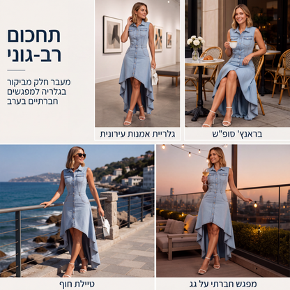 שמלת ג'ינס ללא שרוולים לנשים עם שוליים א-סימטריים