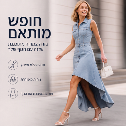 שמלת ג'ינס ללא שרוולים לנשים עם שוליים א-סימטריים