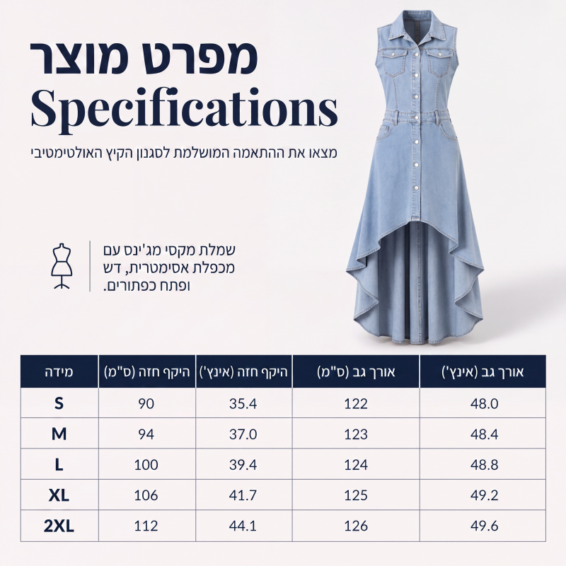 שמלת ג'ינס ללא שרוולים לנשים עם שוליים א-סימטריים