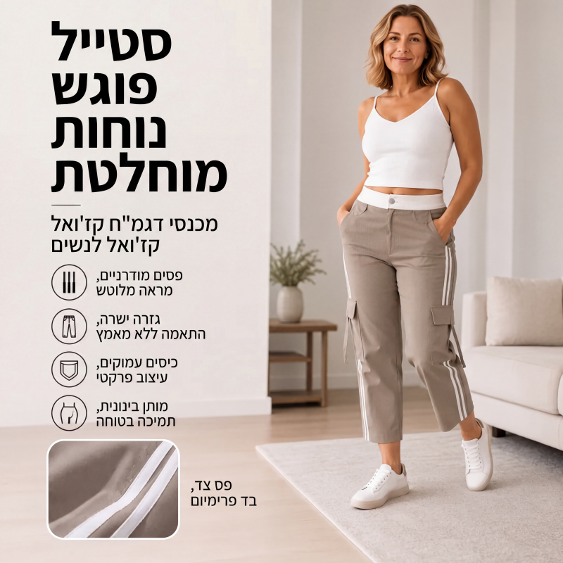 מכנסי קארגו קאפרי ספורטיביים לנשים עם פס צד