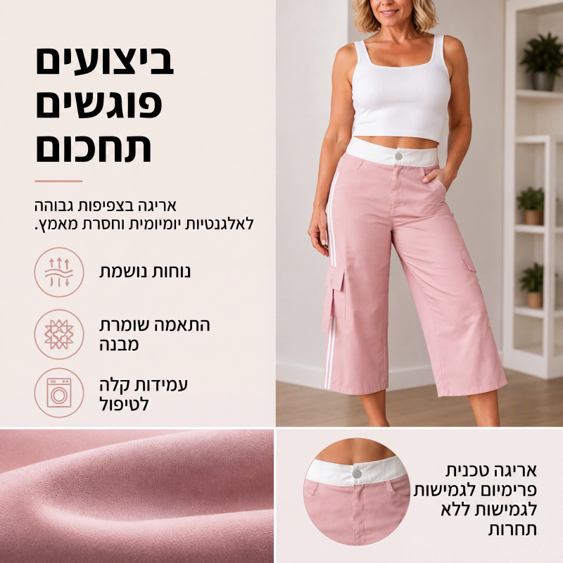 מכנסי קארגו קאפרי ספורטיביים לנשים עם פס צד