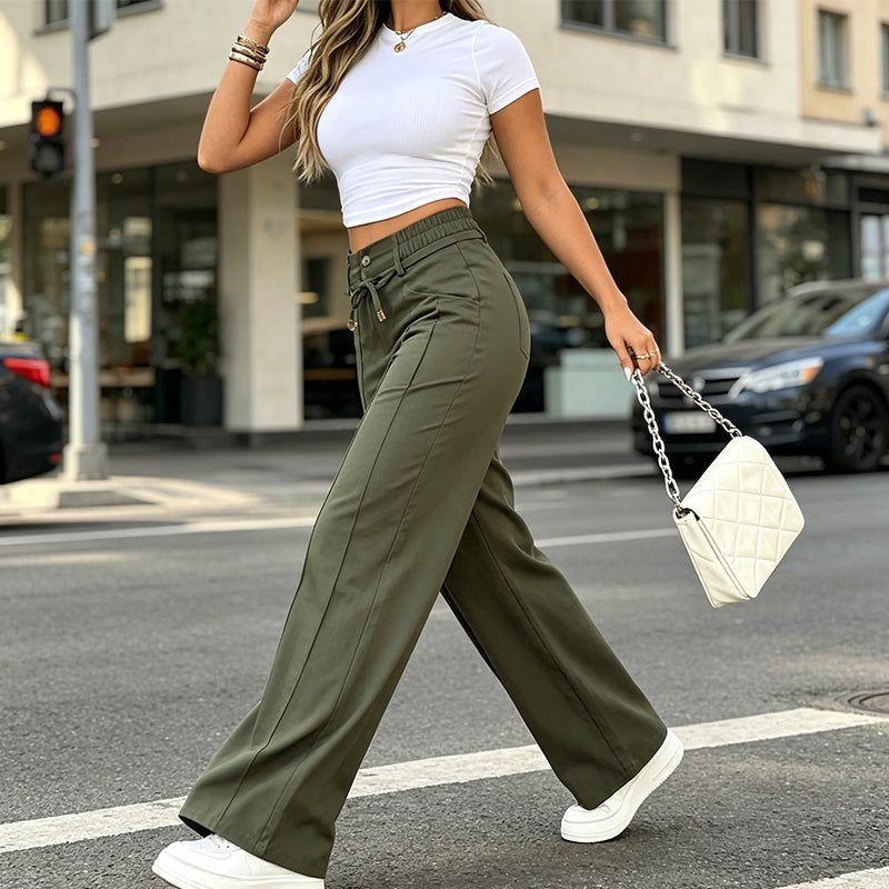 👖 מבצע מוגבל 50% הנחה! 💥 מכנסי גזרה ישרה מותן גבוה לנשים – תפר קדמי, גב אלסטי, רב-שימושי ✨