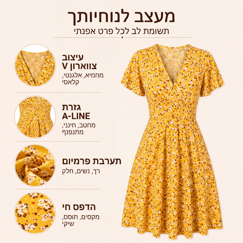 שמלת קיץ לנשים עם צוואר V ודגמי פרחים