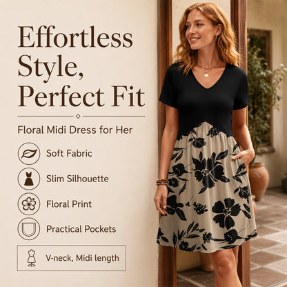 Women's V Neck Short Sleeve Midi Dress