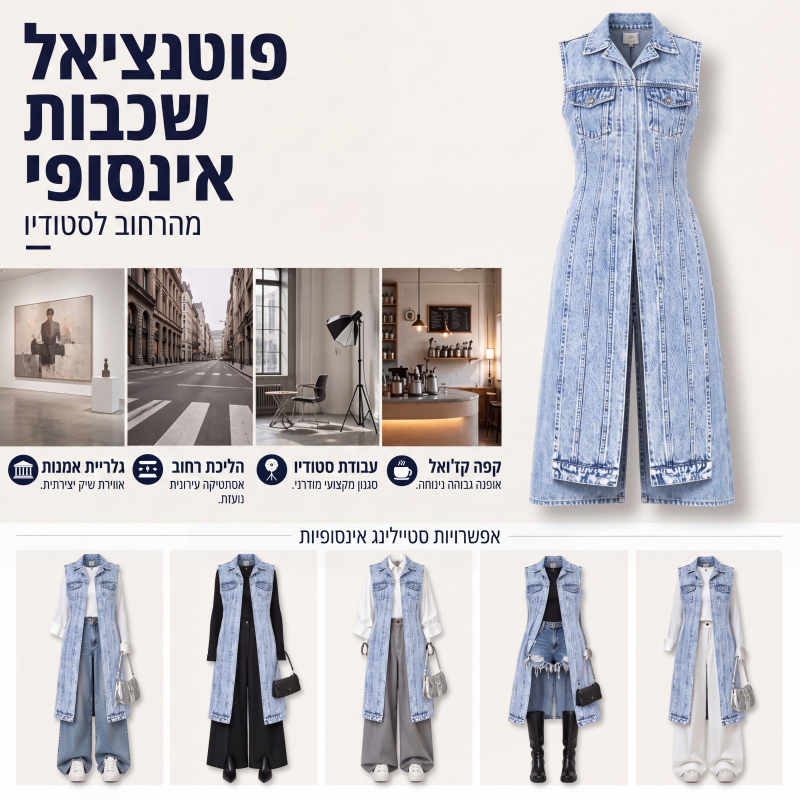 שמלת ווסט ג'ינס נשית ללא שרוולים עם חתך גבוה, מעיל ג'ינס ארוך