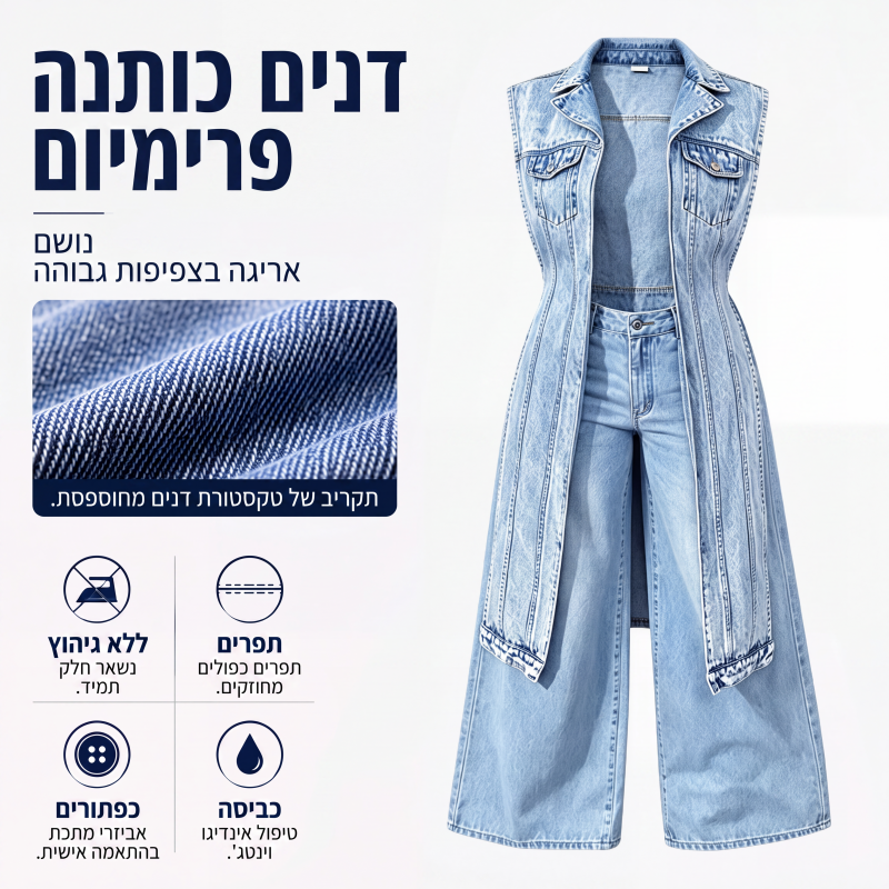 שמלת ווסט ג'ינס נשית ללא שרוולים עם חתך גבוה, מעיל ג'ינס ארוך