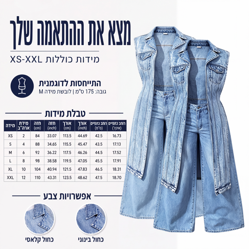שמלת ווסט ג'ינס נשית ללא שרוולים עם חתך גבוה, מעיל ג'ינס ארוך