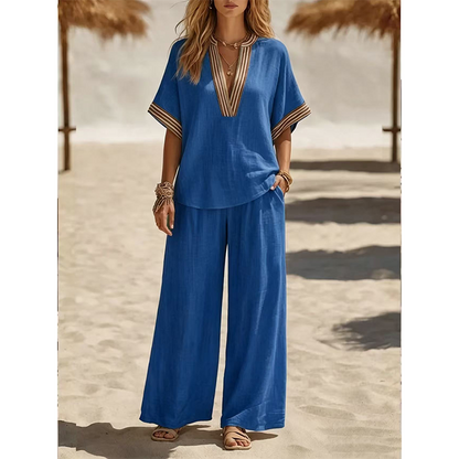 סט חולצת נשים עם צווארון V ומכנסיים רחבים רגל