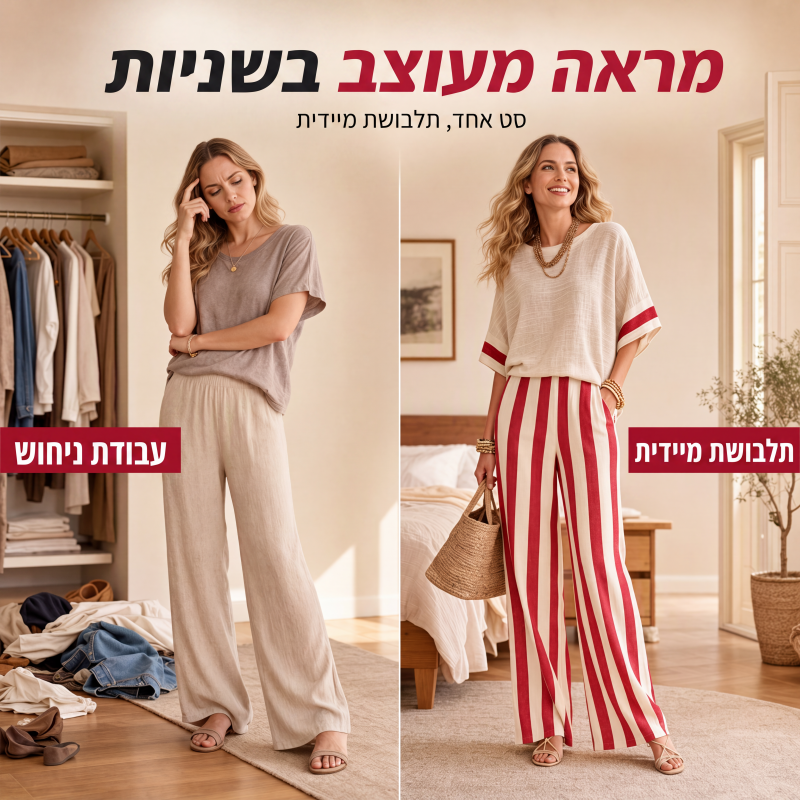 סט בגדים קז'ואלי לנשים עם פסים, מורכב משני חלקים ומכנסיים רחבים