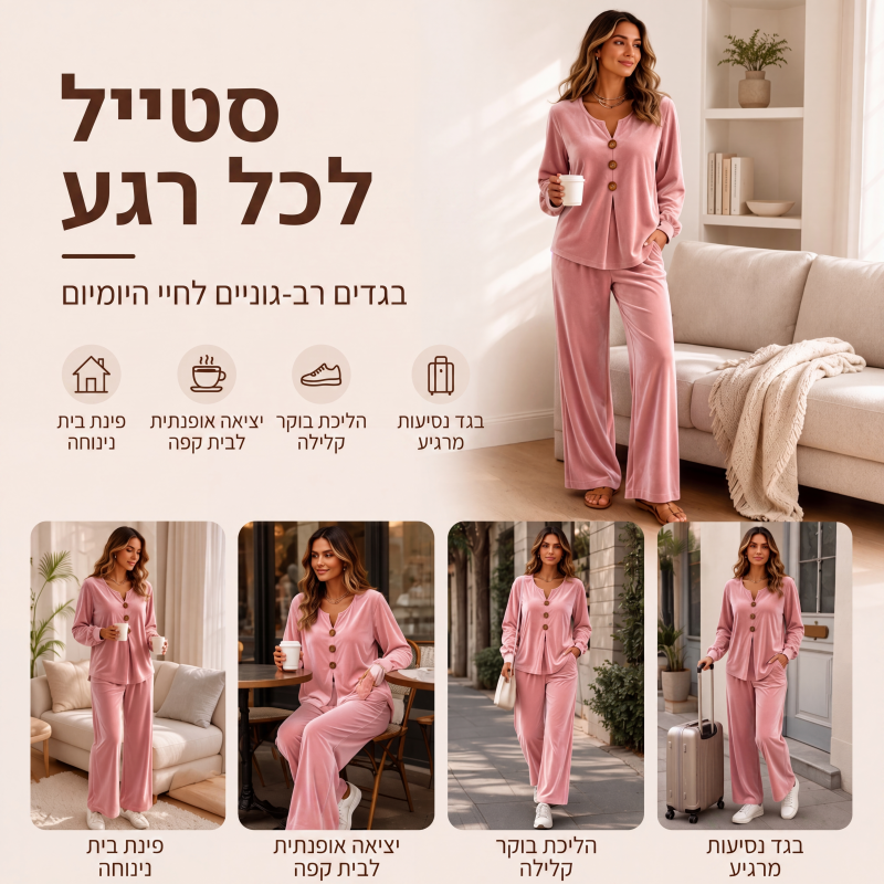 סט בגדי בית קז'ואל לנשים מקטיפה, 2 חלקים