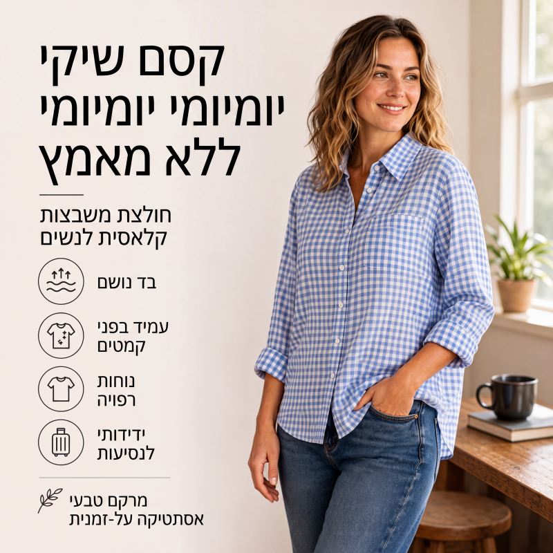 חולצת נשים משובצת עם שרוולים ארוכים וכפתורים