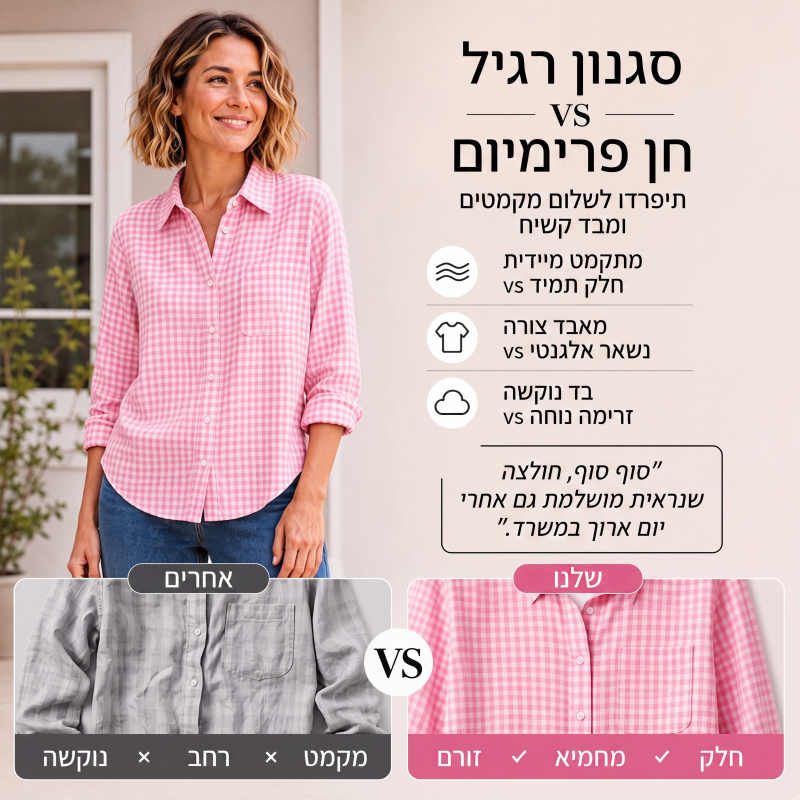 חולצת נשים משובצת עם שרוולים ארוכים וכפתורים