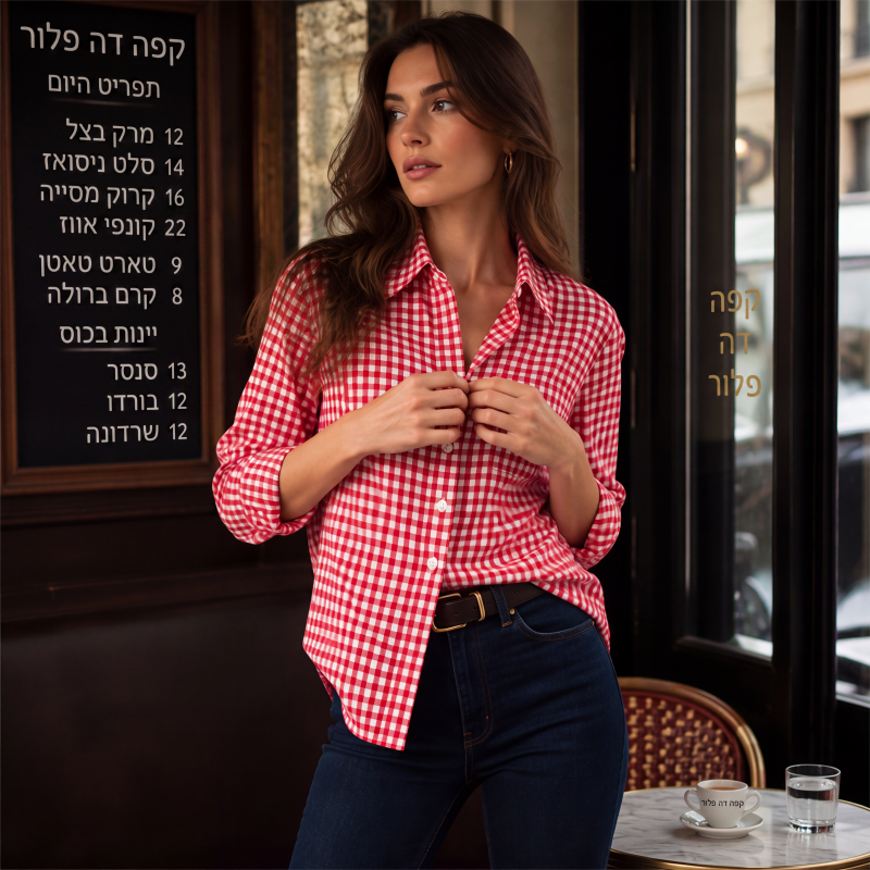 חולצת נשים משובצת עם שרוולים ארוכים וכפתורים