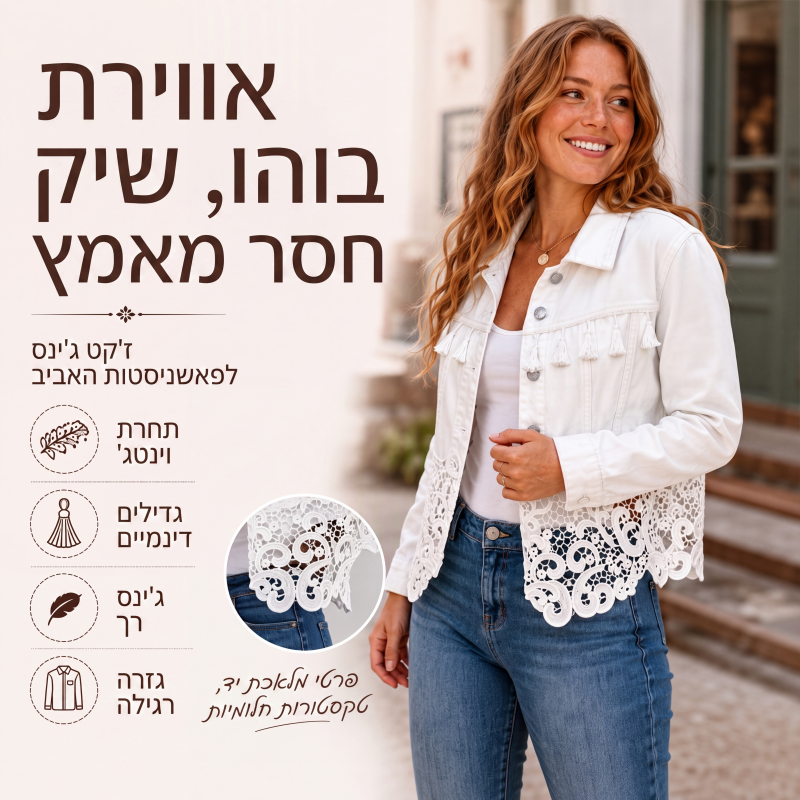 מעיל ג'ינס לנשים עם תפירת תחרה