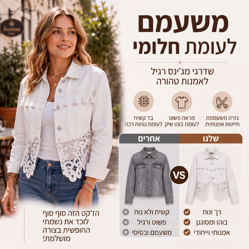מעיל ג'ינס לנשים עם תפירת תחרה