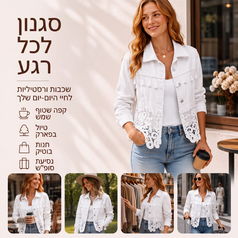 מעיל ג'ינס לנשים עם תפירת תחרה