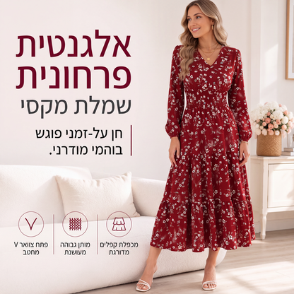 שמלת נשים עם הדפס פרחים, צווארון V, מותן מקופל ופרפורת