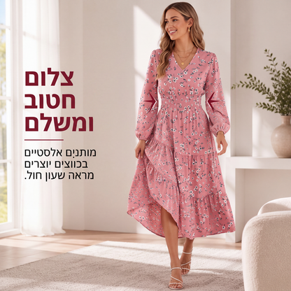 שמלת נשים עם הדפס פרחים, צווארון V, מותן מקופל ופרפורת
