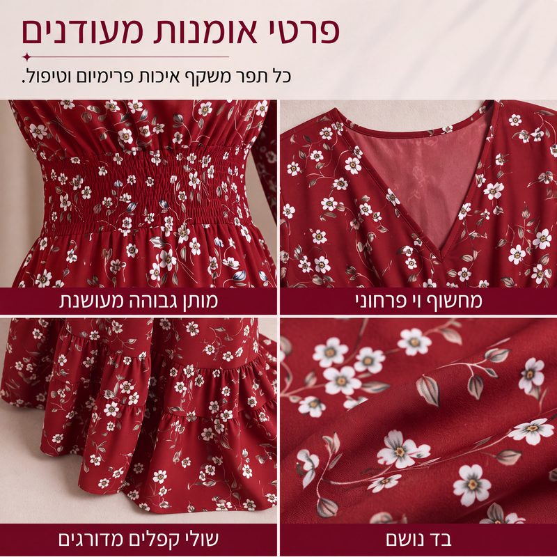 שמלת נשים עם הדפס פרחים, צווארון V, מותן מקופל ופרפורת