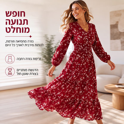 שמלת נשים עם הדפס פרחים, צווארון V, מותן מקופל ופרפורת