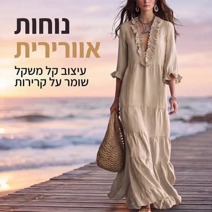 שמלת מקסי מדורגת לנשים עם צוואר V וקיפולי רפל