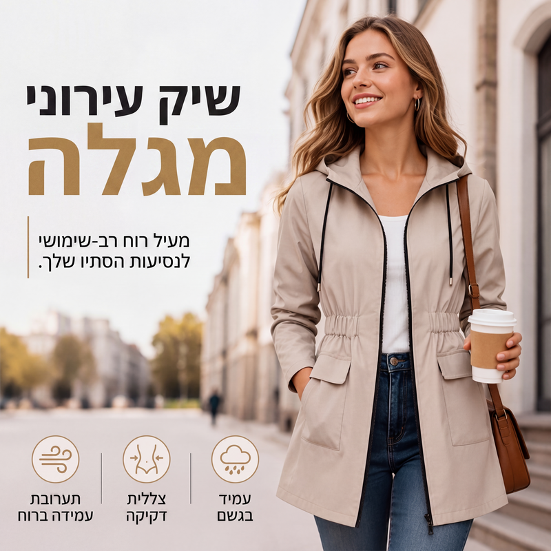 מעיל גשם לנשים עם כובע, עמיד במים