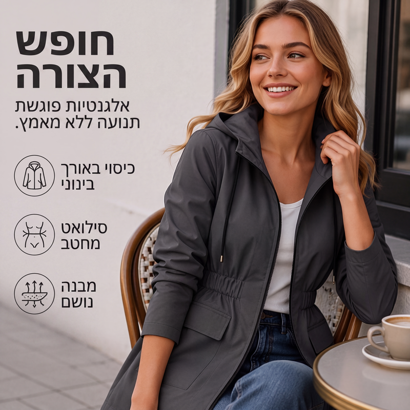 מעיל גשם לנשים עם כובע, עמיד במים