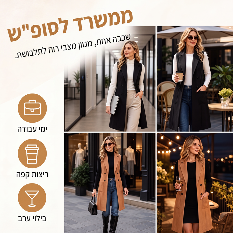 ז'קט נשים שיקי ללא שרוולים פתוח קדמי ארוך