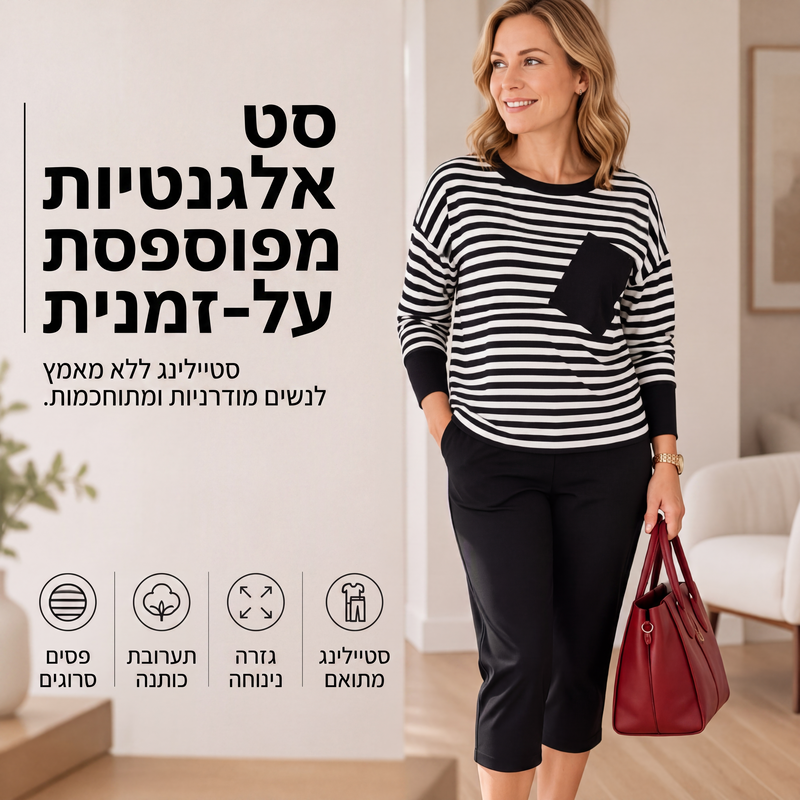 סט שני חלקים לנשים: חולצת שרוולים ארוכים מפוספסת ומכנסיים