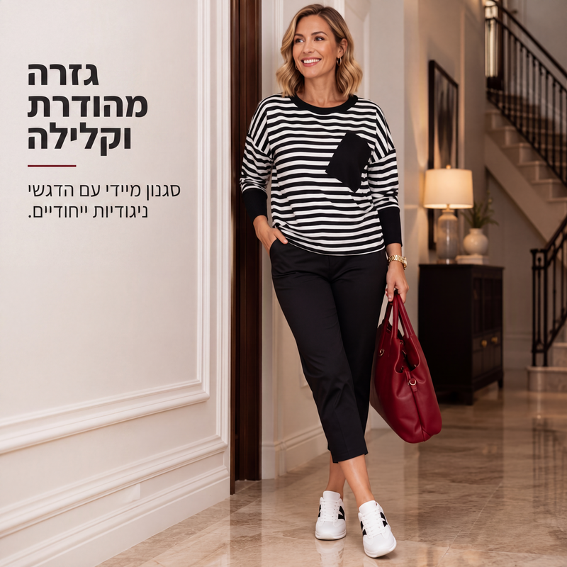 סט שני חלקים לנשים: חולצת שרוולים ארוכים מפוספסת ומכנסיים