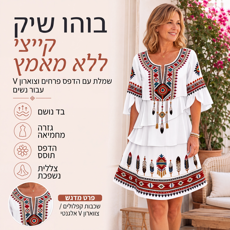 שמלה נשית מדורגת עם הדפס אתני וינטג'