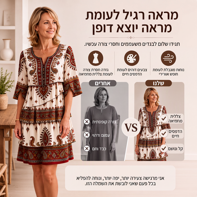 שמלה נשית מדורגת עם הדפס אתני וינטג'
