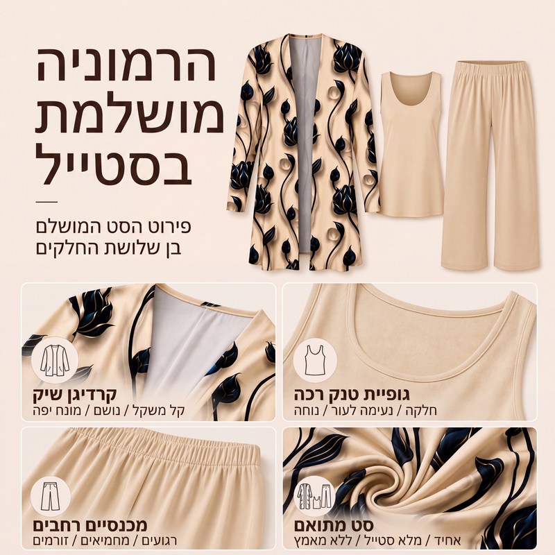 סט 3 חלקים מודפס ואלגנטי לנשים