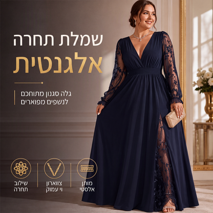 שמלת מקסי נשית אלגנטית עם צווארון V וטלאי תחרה