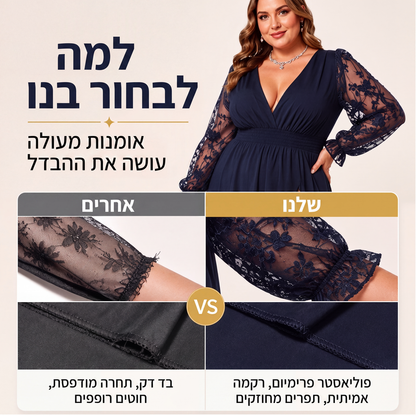 שמלת מקסי נשית אלגנטית עם צווארון V וטלאי תחרה