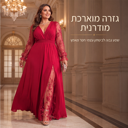 שמלת מקסי נשית אלגנטית עם צווארון V וטלאי תחרה