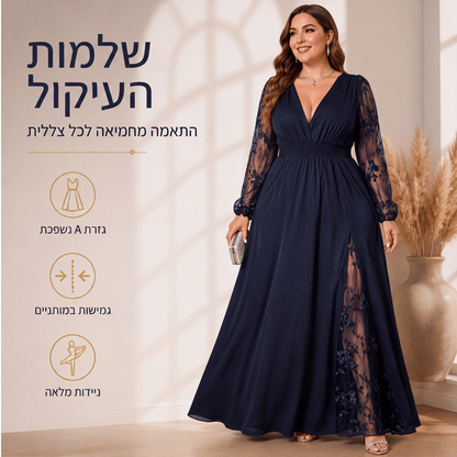 שמלת מקסי נשית אלגנטית עם צווארון V וטלאי תחרה