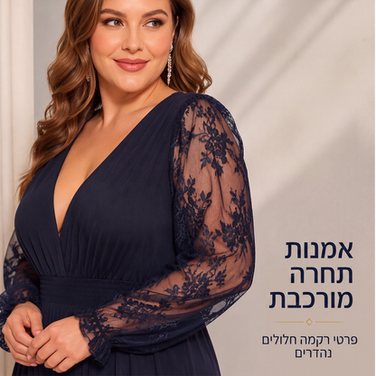 שמלת מקסי נשית אלגנטית עם צווארון V וטלאי תחרה