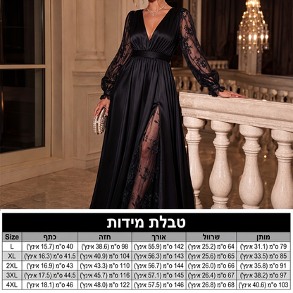 שמלת מקסי נשית אלגנטית עם צווארון V וטלאי תחרה